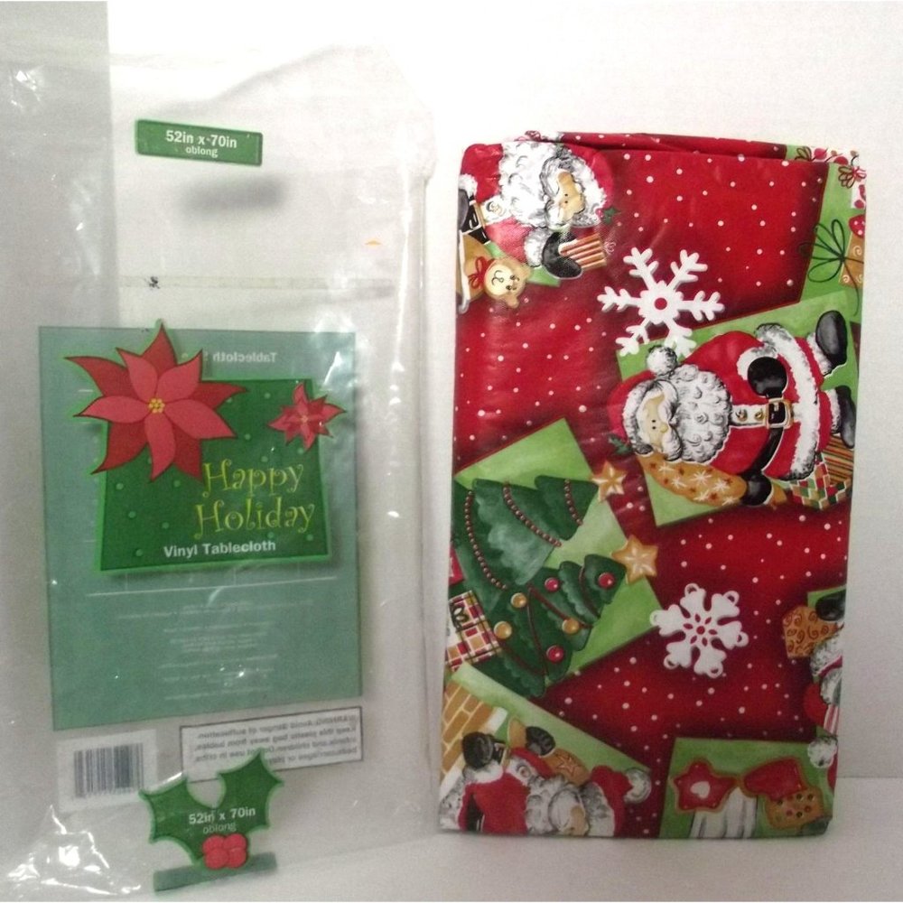 Vtg. New in pkg Elrene Vinyl Christmas Tablecloth W/Santa Reindeer Christmas Tre